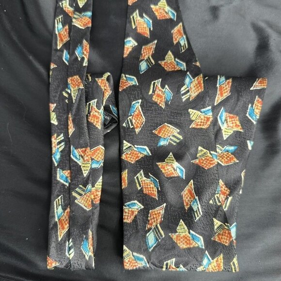 Vintage Damon Mens Black Necktie Blue and Orange Geometric Silk Made In Italy - Picture 7 of 16